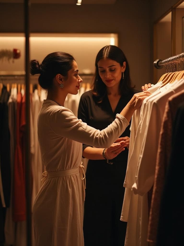 StyleBuddy personal stylist helping a client choose outfits in a boutique
