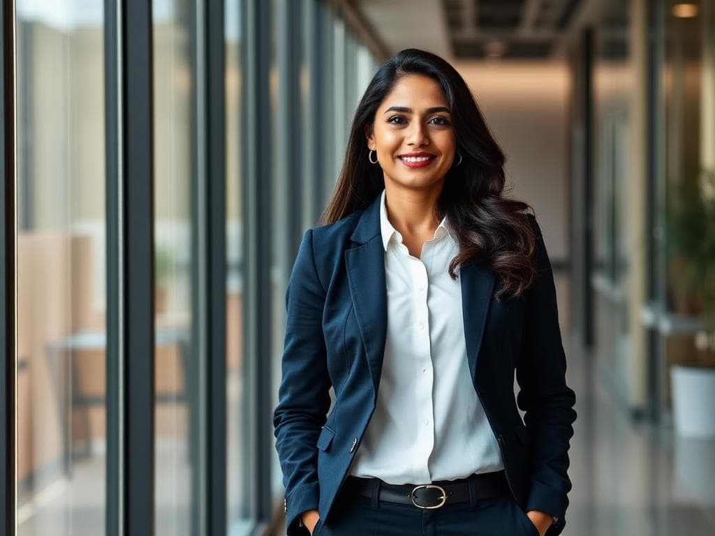 Corporate styling service woman in tailored navy blazer in modern office