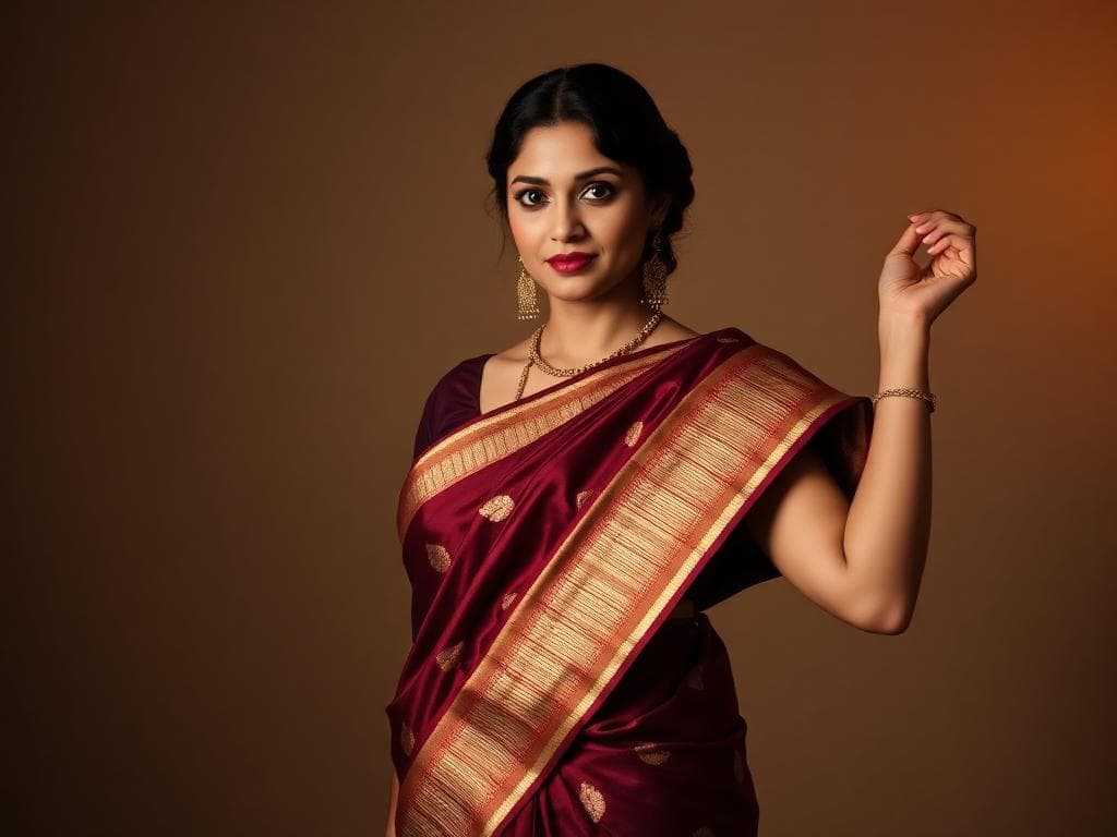 Ethnic wear styling woman in Banarasi silk saree with gold zari