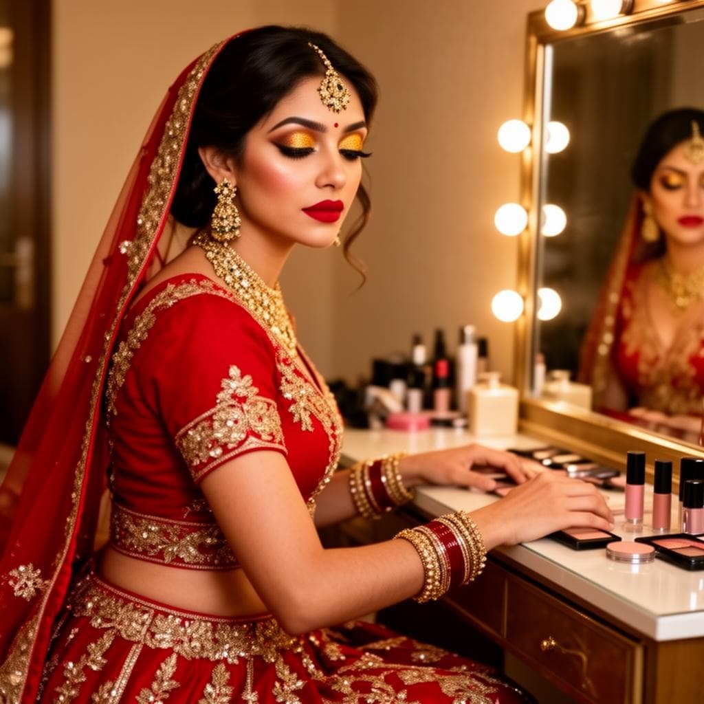 Indian bridal makeup styling with red lehenga and gold eyeshadow
