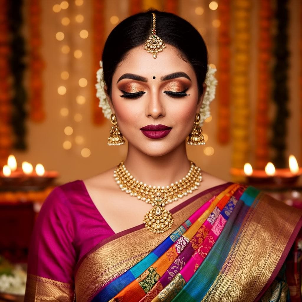 Festive Indian makeup with gold bronze eyeshadow and berry lips in saree
