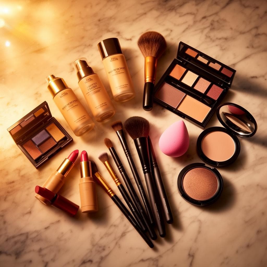 Curated makeup products flat lay with foundations brushes and palettes