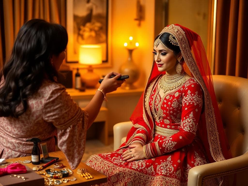Bride getting styled by StyleBuddy wedding stylist in red lehenga