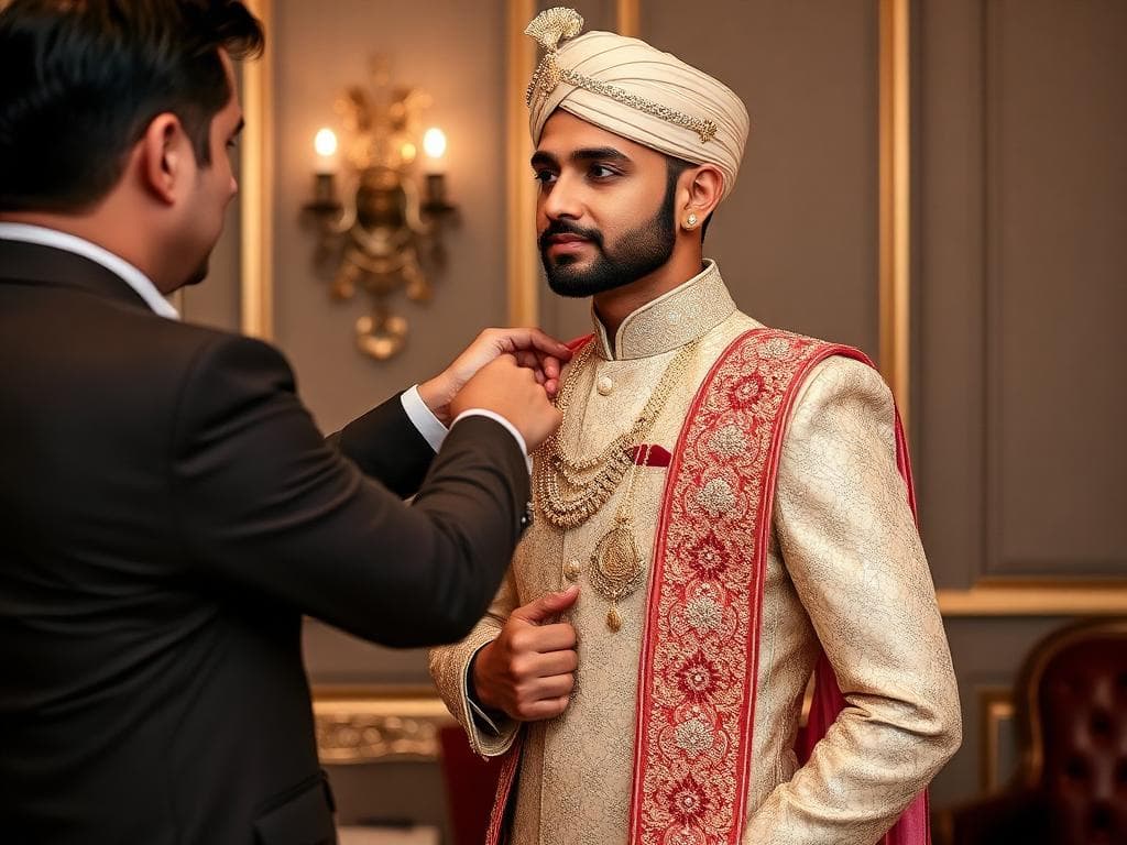 Groom in designer sherwani being styled by personal stylist