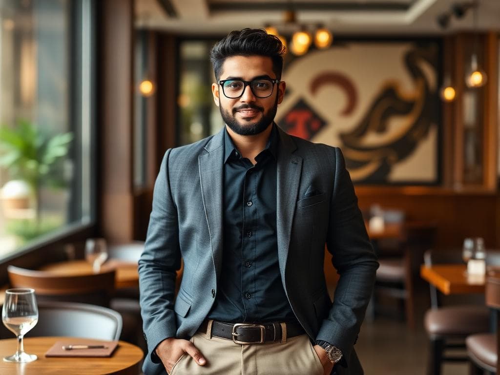 Smart casual work outfit for Indian businessman at business meeting
